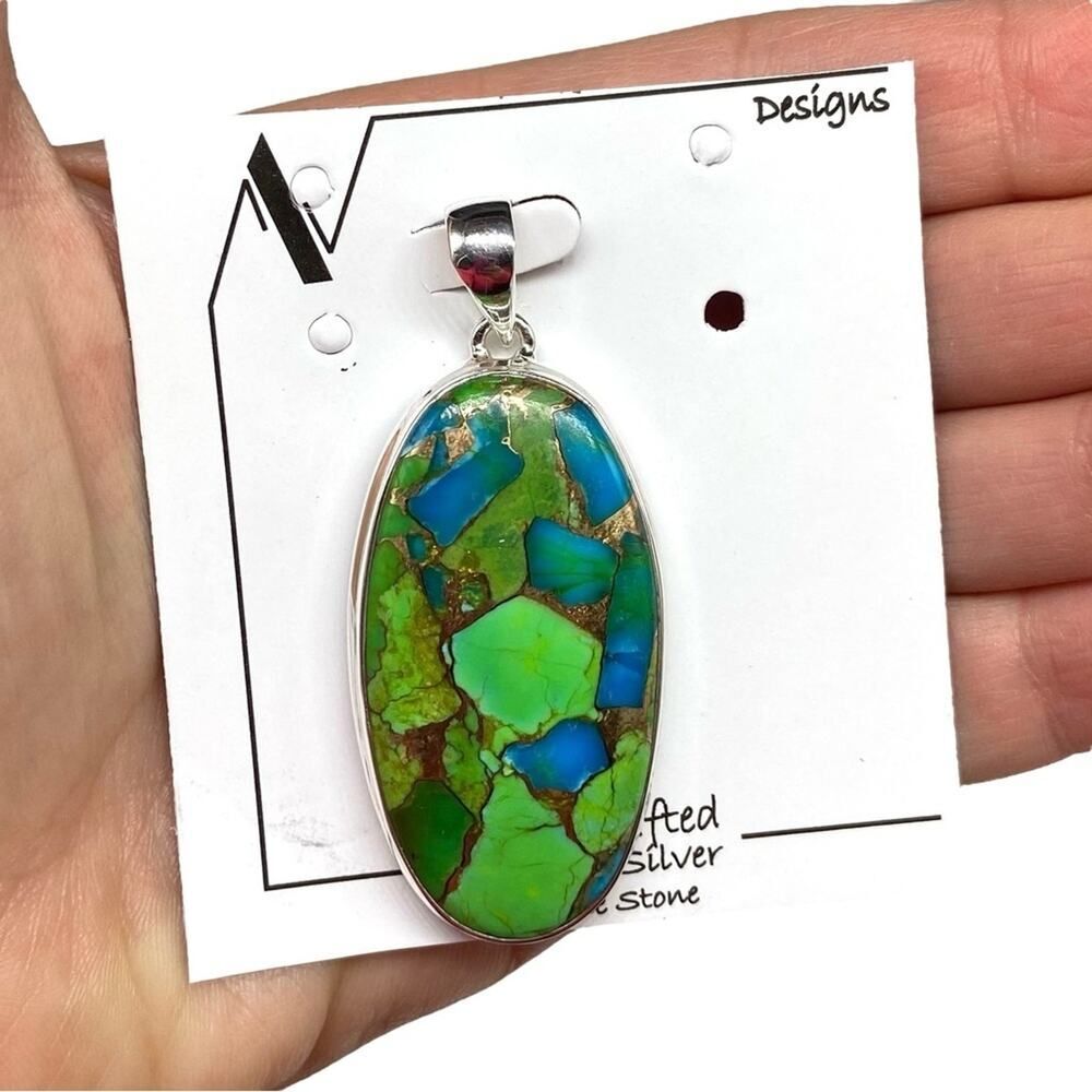 Kingman Turquoise Necklace Pendant Oval Solid 925 Sterling Silver Green Blue - Picture 3 of 8